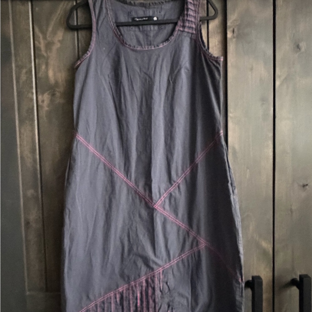 Blue-Gray Sleeveless Dress with Pink Accents